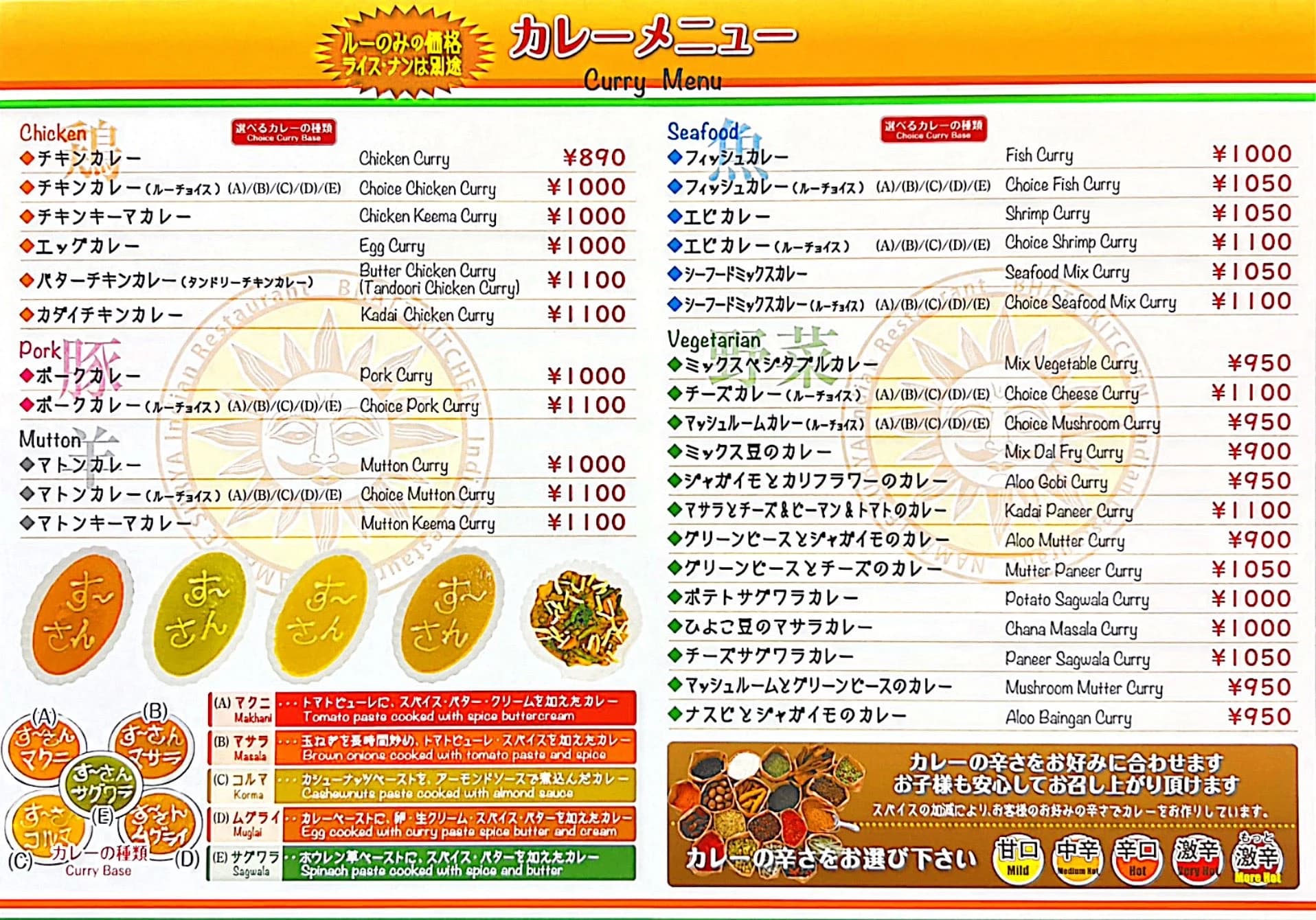 カレーメニュー。チキン、ポーク、マトン、シーフード、ベジタリアン。5種類のカレーベースと5段階の辛さ
